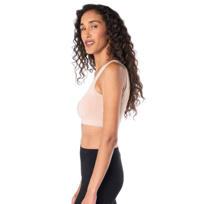 essential bralette beige brown side view of top on model