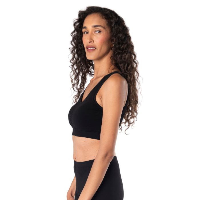 essential bralette black side view of top on model