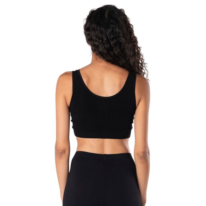 essential bralette black back view of top on model