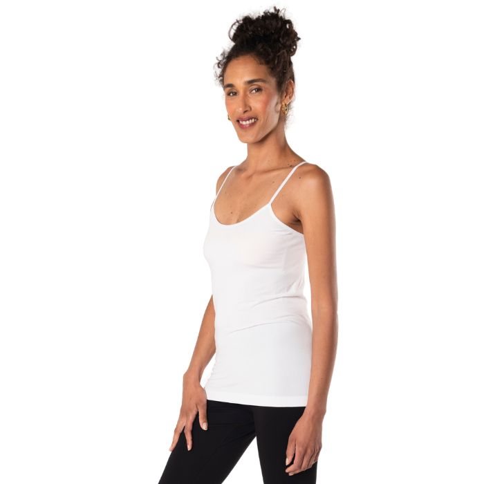 essential cami camisole tank top white side view of top on model