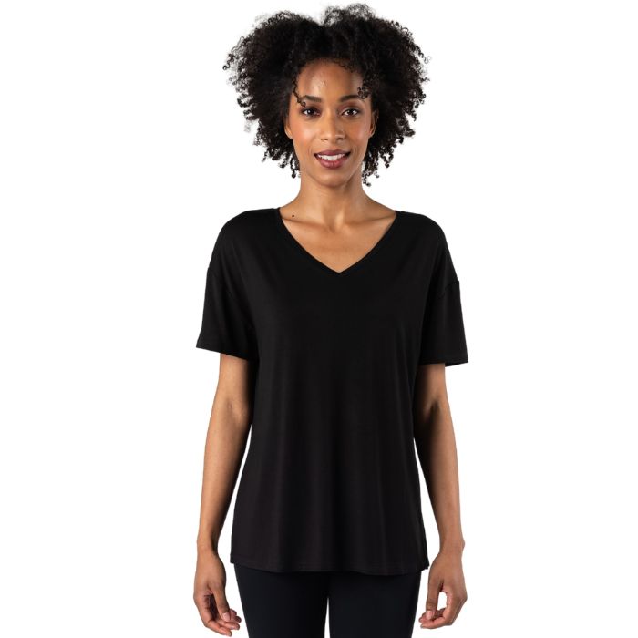 Harper V-neck t-shirt black front view of top on model