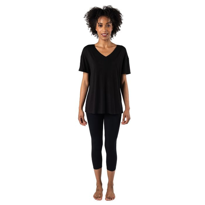 Harper V-neck t-shirt top black full body front view on model