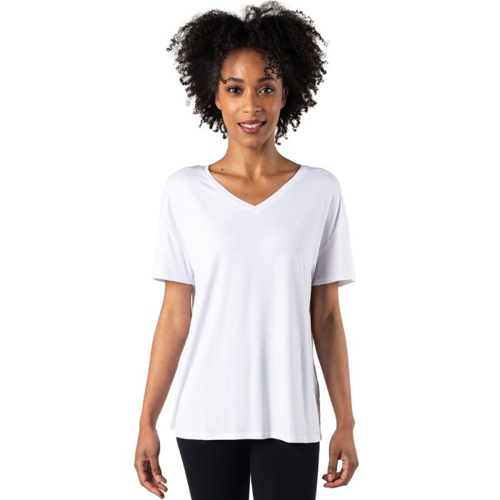 Harper V-neck t-shirt white front view of top on model