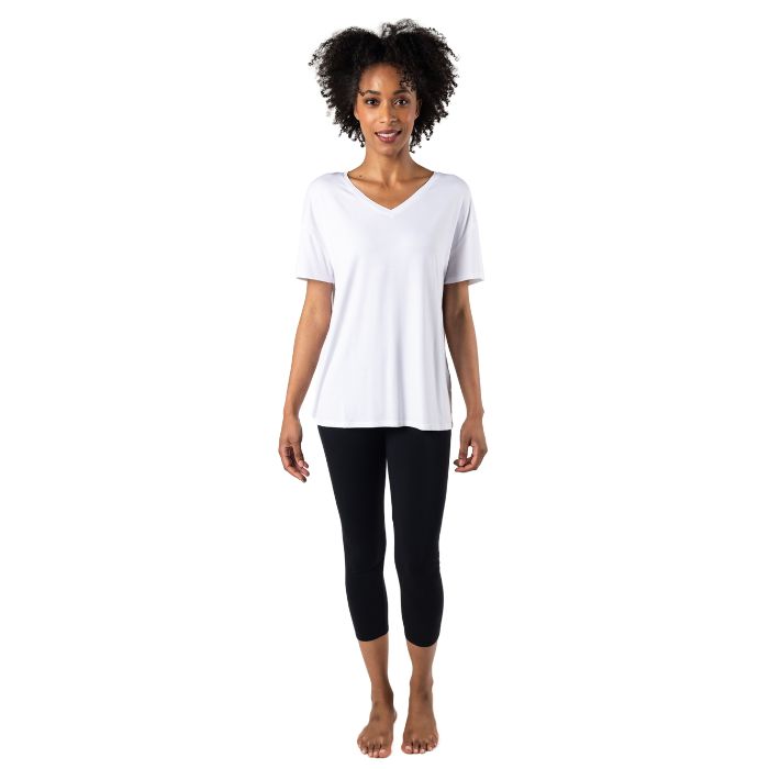 Harper V-neck t-shirt top white full body front view on model