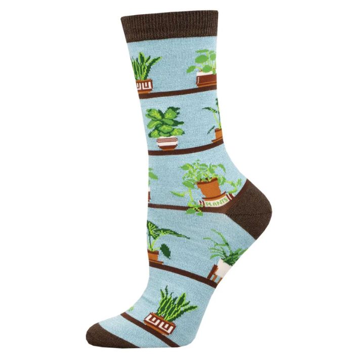 Houseplants sock blue sock with a variety of houseplant print.