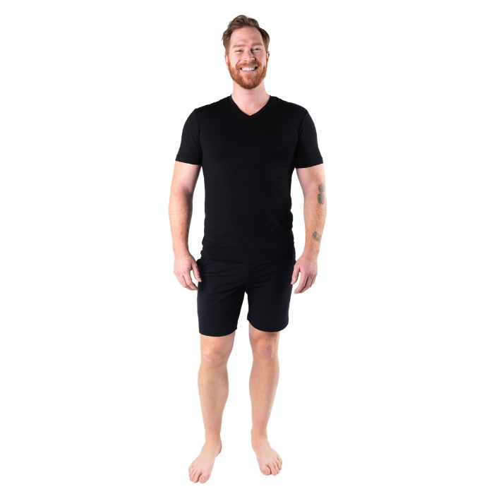 Huron V-Neck t-shirt black full body front view on model