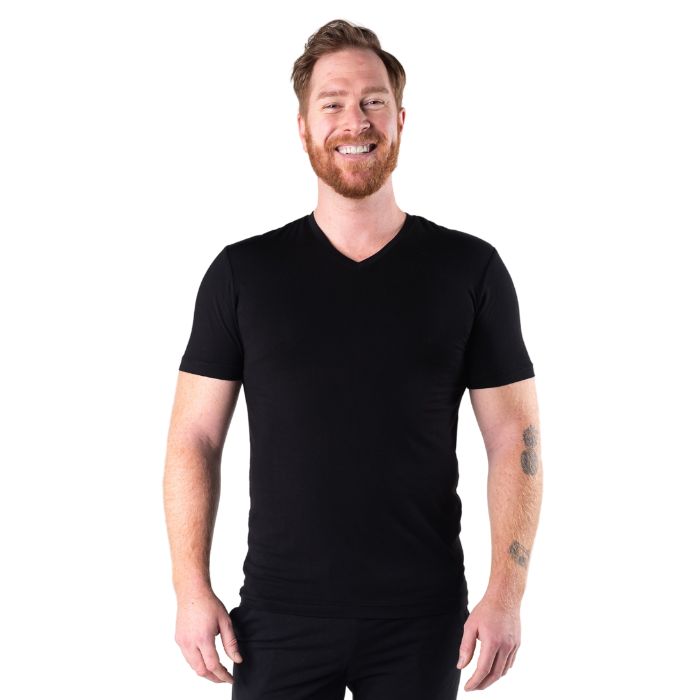 Huron V-Neck t-shirt black front view of top on model