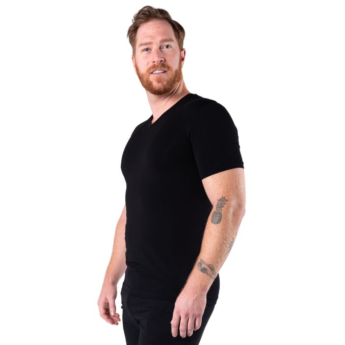 Huron V-Neck t-shirt black side view of top on model