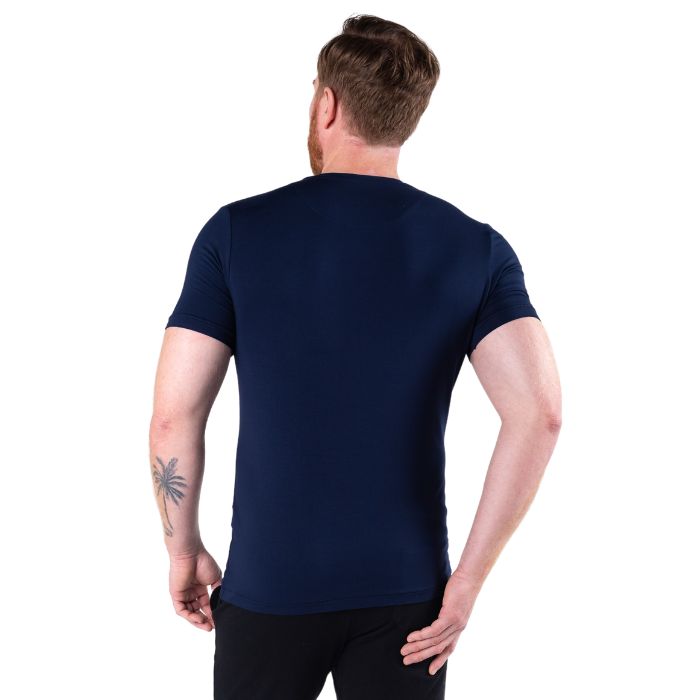 Huron V-Neck t-shirt ink blue back view of top on model