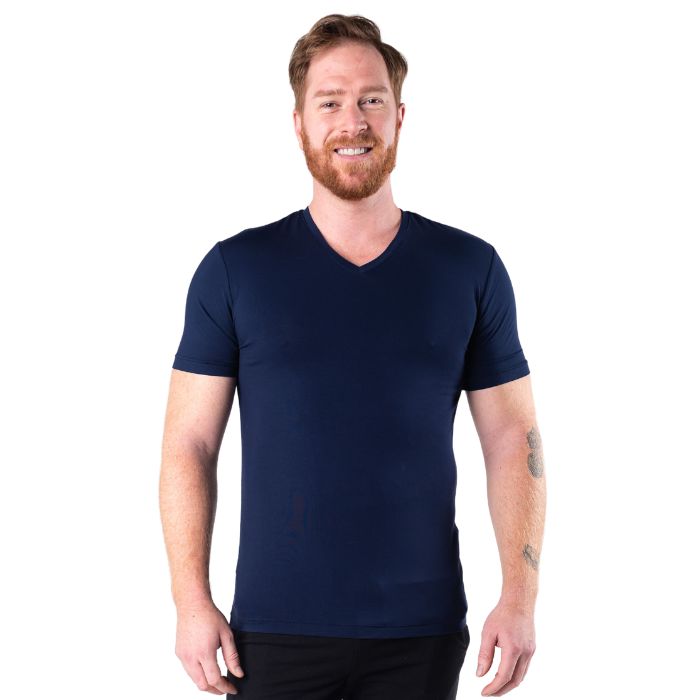 Huron V-Neck t-shirt ink blue front view of top on model