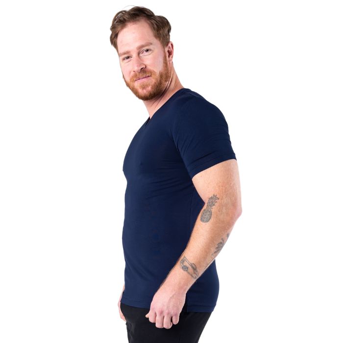 Huron V-Neck t-shirt ink blue side view of top on model