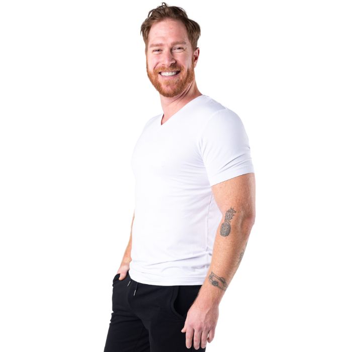 Huron V-Neck t-shirt white side view of top on model