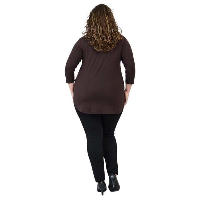 female model wearing jazz coffee brown three quarter sleeve top and nadia black pants front view on white background