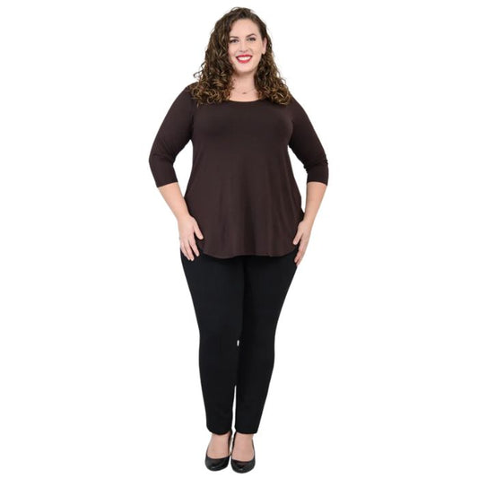 female model wearing jazz coffee brown three quarter sleeve top and nadia black pants front view on white background