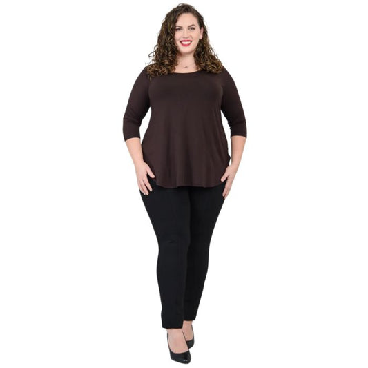 female model wearing jazz coffee brown three quarter sleeve top and nadia black pants front view on white background