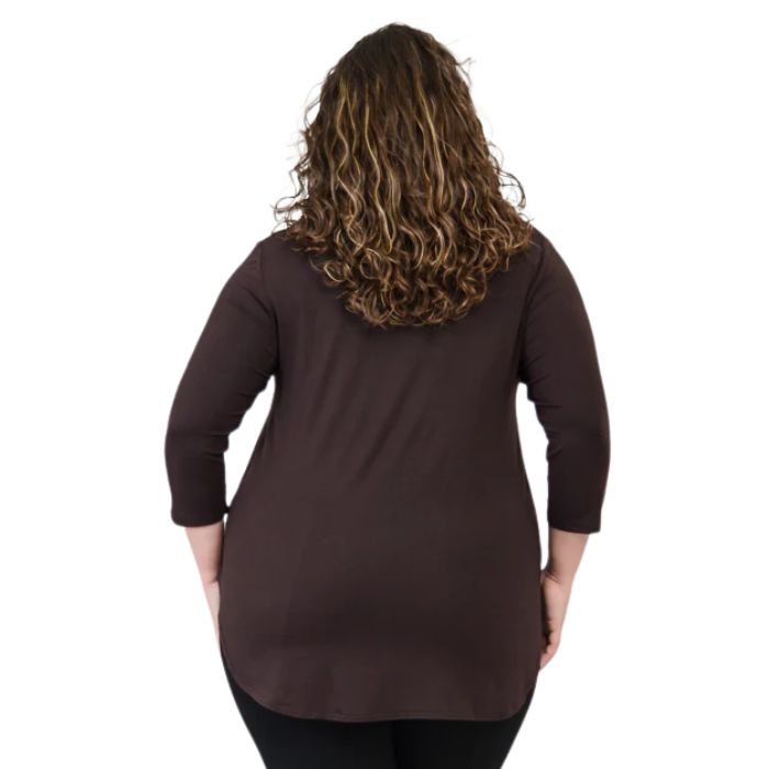 top half of female model wearing jazz coffee brown three quarter sleeve top back view on white background