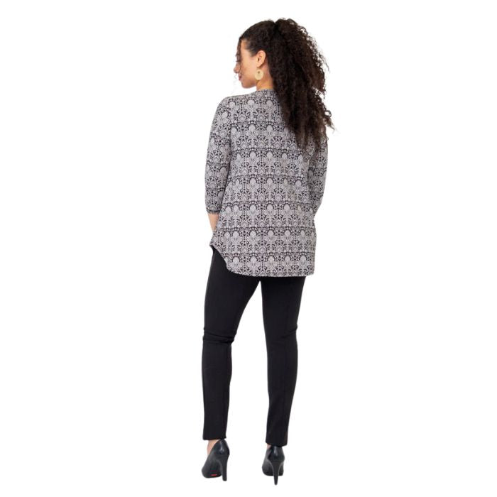 jazz damask print three quarter sleeve top and nadia black pants back view on model