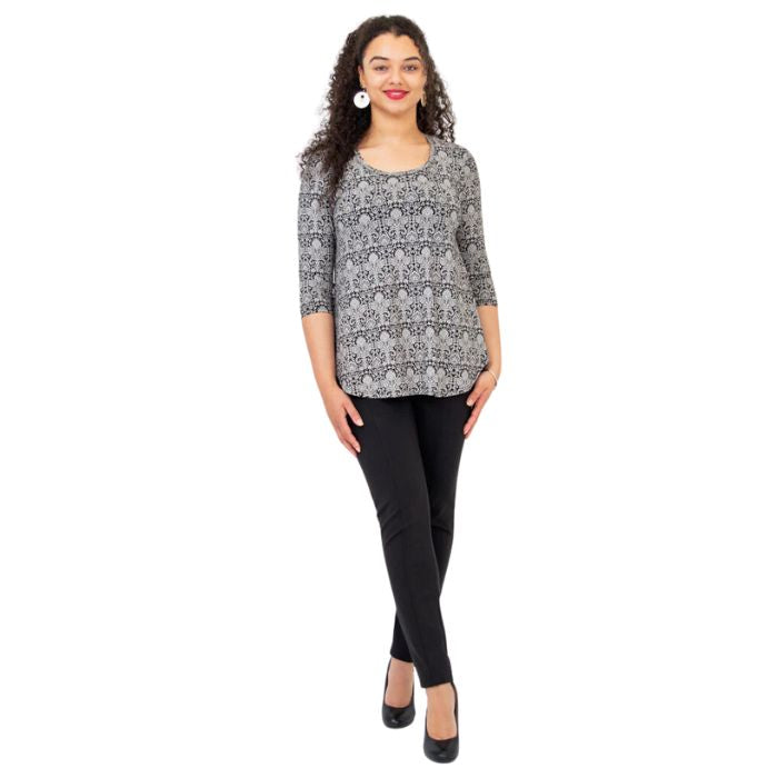 jazz damask print three quarter sleeve top and nadia black pants front view on model