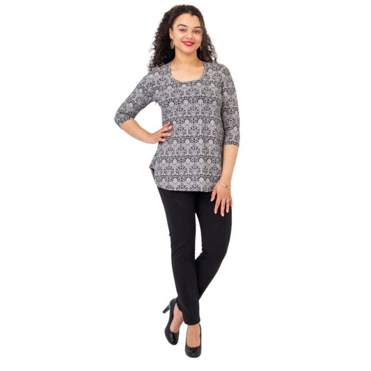 jazz damask print three quarter sleeve top and nadia black pants front view on model