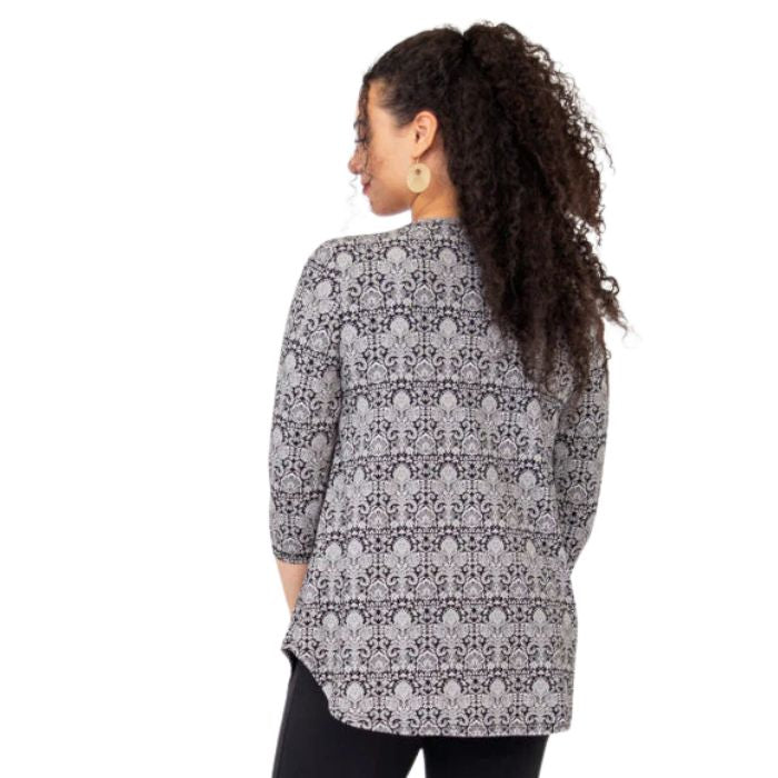 jazz damask print three quarter sleeve top back view of top on model