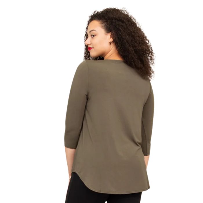 top half of female model wearing jazz khaki green three quarter sleeve top back view on white background