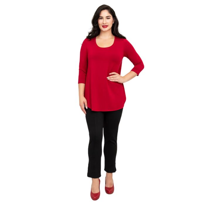 female model wearing jazz lipstick red three quarter sleeve top and nadia black pants front view on white background
