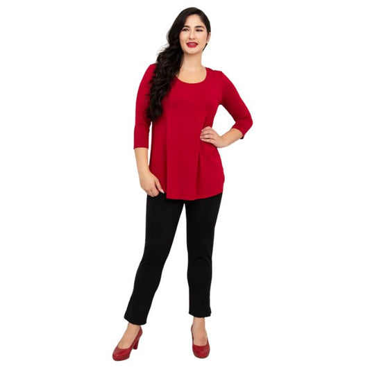 female model wearing jazz lipstick red three quarter sleeve top and nadia black pants front view on white background
