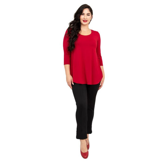 female model wearing jazz lipstick red three quarter sleeve top and nadia black pants front view on white background
