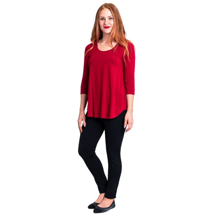 female model wearing jazz lipstick red three quarter sleeve top and nadia black pants front view on white background