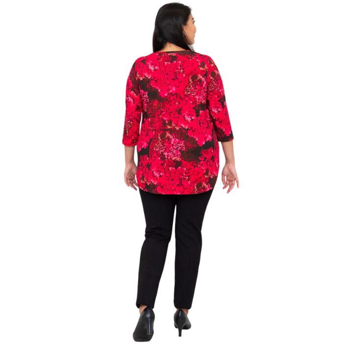 jazz normandy print three quarter sleeve top and nadia black pants back view on model