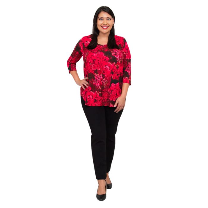 jazz normandy print three quarter sleeve top and nadia black pants front view on model