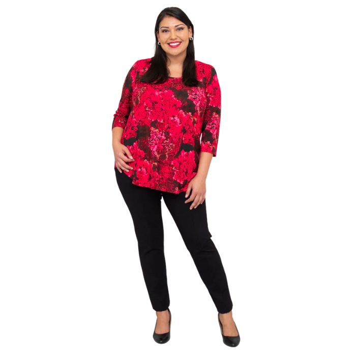 jazz normandy print three quarter sleeve top and nadia black pants front view on model