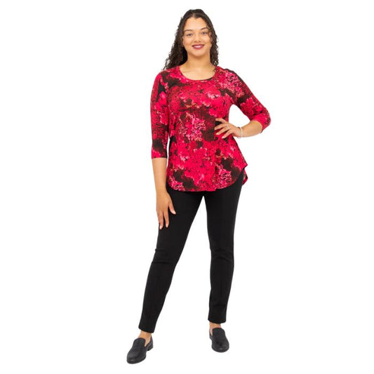 jazz normandy print three quarter sleeve top and nadia black pants front view on model