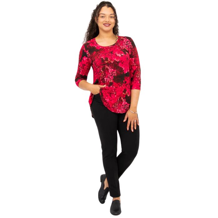 jazz normandy print three quarter sleeve top and nadia black pants front view on model