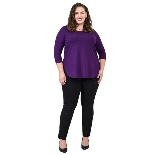 female model wearing jazz royal purple three quarter sleeve top and nadia black pants side view on white background