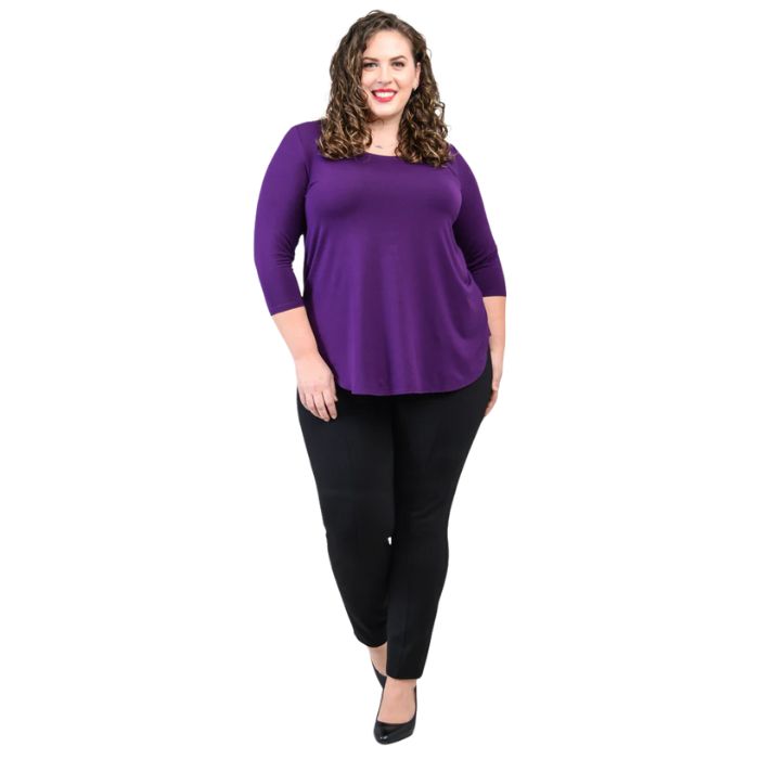 female model wearing jazz royal purple three quarter sleeve top and nadia black pants side view on white background