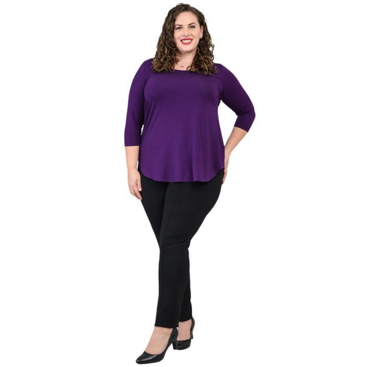 female model wearing jazz royal purple three quarter sleeve top and nadia black pants side view on white background