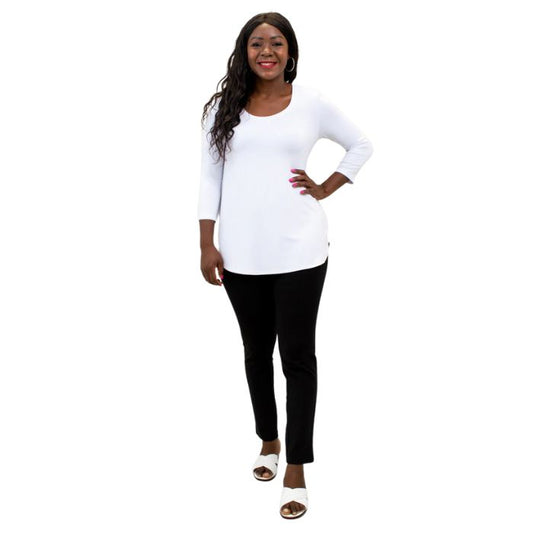 female model wearing jazz white three quarter sleeve top and nadia black pants front view on white background