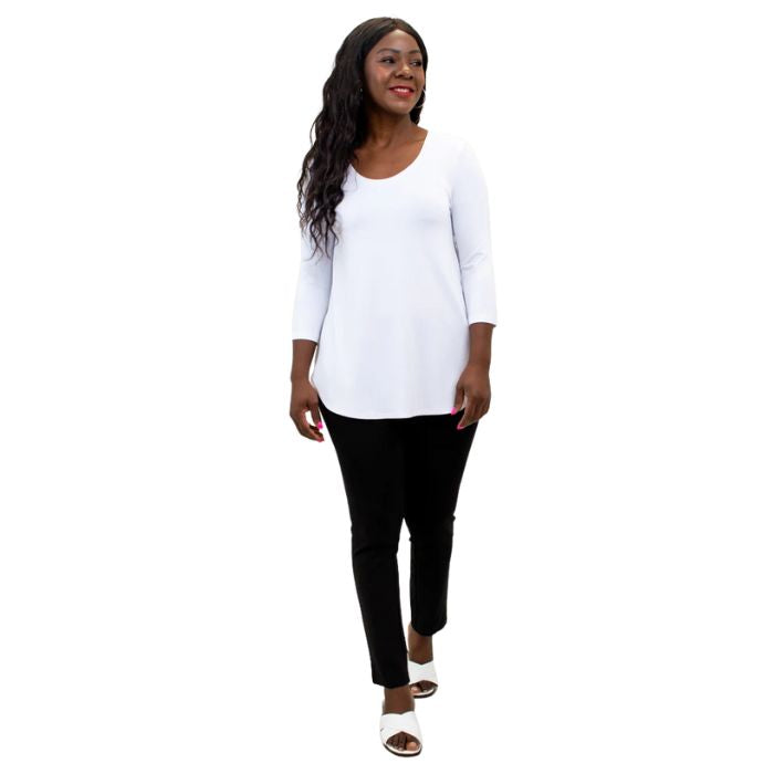 female model wearing jazz white three quarter sleeve top and nadia black pants front view on white background