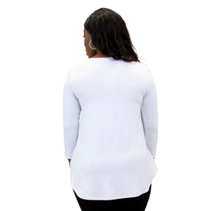 top half of female model wearing jazz white three quarter sleeve top front view on white background