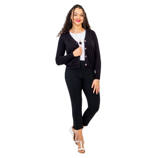 female model wearing jessica black button up cardigan sweater, reanna white tank top and nadine black cropped pants front view on white background