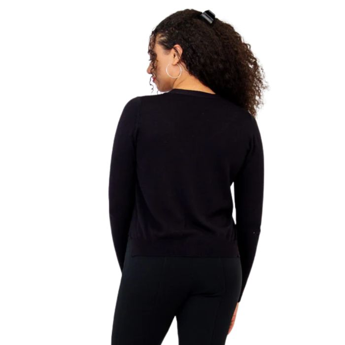 top half of female model wearing jessica black button up cardigan sweater back view of sweater on white background