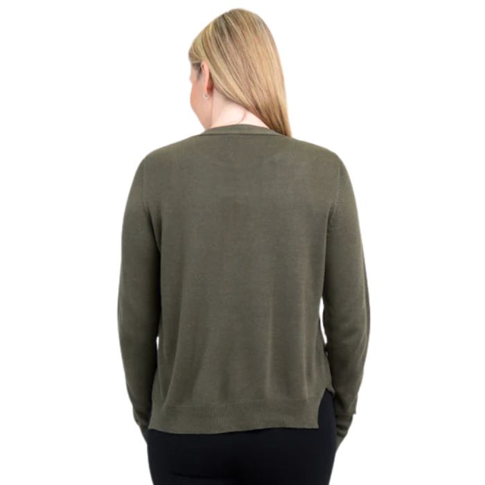 top of female model wearing jessica khaki green button up cardigan sweater back view on white background