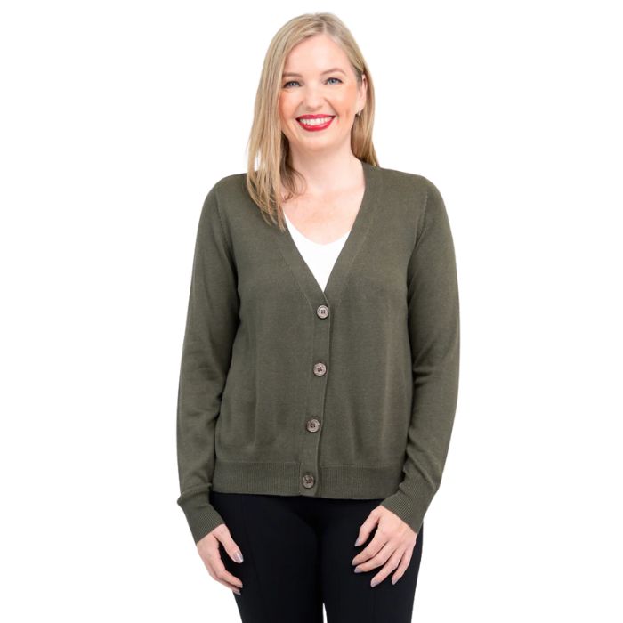 top of female model wearing jessica khaki green button up cardigan sweater front view on white background