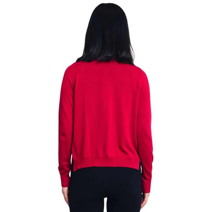 top of female model wearing jessica lipstick red button up cardigan sweater back view on white background