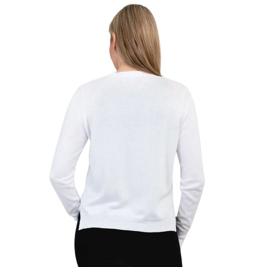 female model wearing white jessica button up cardigan sweater back view on white background