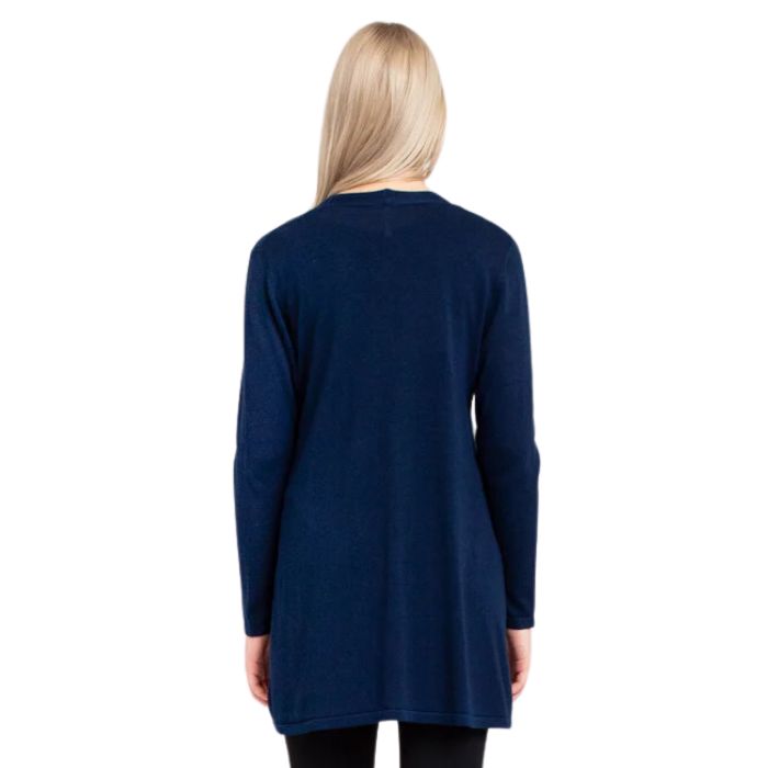 top of female model wearing justine indigo blue draped cardigan sweater front view of sweater on white background