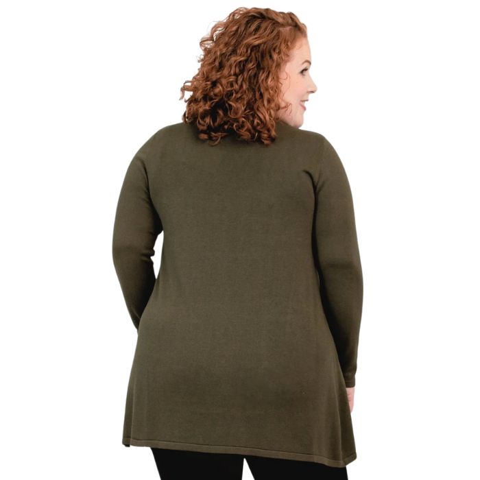 top of female model wearing justine khaki green draped cardigan sweater back view on white background