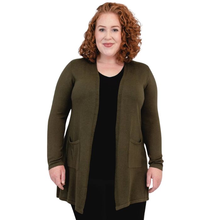 top of female model wearing justine khaki green draped cardigan sweater front view on white background