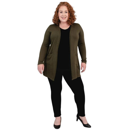 female model wearing justine khaki green draped cardigan sweater and nadia black pants front view on white background